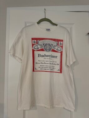 Junk Food Clothing White Tee with Red and Black Budweiser Graphic